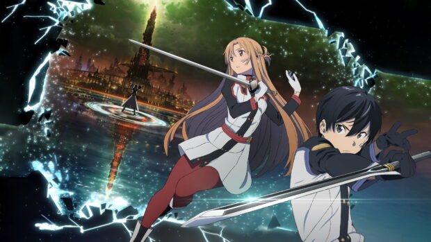 Sword Art Online characters prepare to fight with swords in a magical realm, 4K Desktop Wallpaper