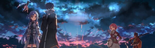 The Sword Art Online characters stand together beneath a colorful sky filled with clouds, 4K Desktop Wallpaper