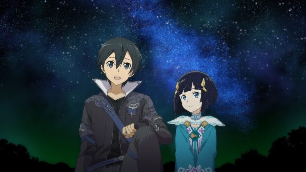 Kirito and a girl stand beneath a bright starry sky in Sword Art Online, 4K Desktop Wallpaper