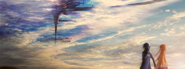 Two Sword Art Online characters stand together under a vast cloudy sky with a floating tower in the distance, 2K Desktop Wallpaper