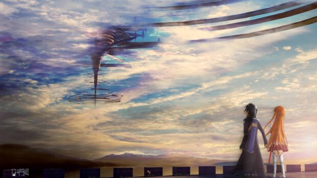 Two Sword Art Online characters stand together facing the sky and a futuristic tower, 4K Desktop Wallpaper