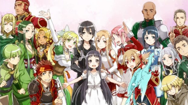 A group of Sword Art Online characters smiling and posing happily, HD Desktop Wallpaper