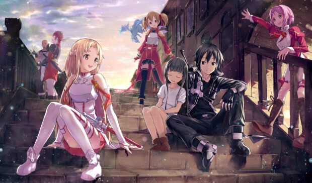 The Sword Art Online characters are relaxing on the stairs during sunset, HD Desktop Wallpaper
