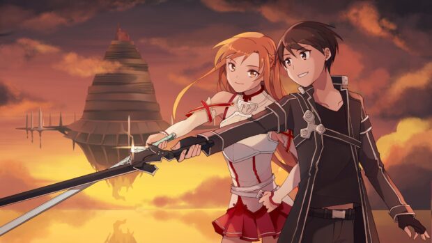Kirito and Asuna united holding swords against sunset, 4K Desktop Wallpaper PC Wallpaper