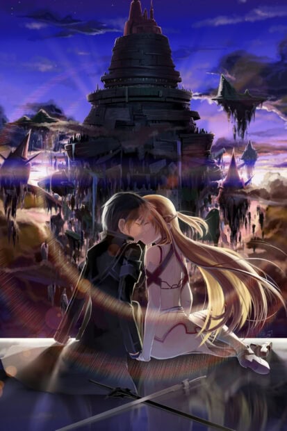 Kirito and Asuna share a tender moment near a tower, HD Phone Wallpaper