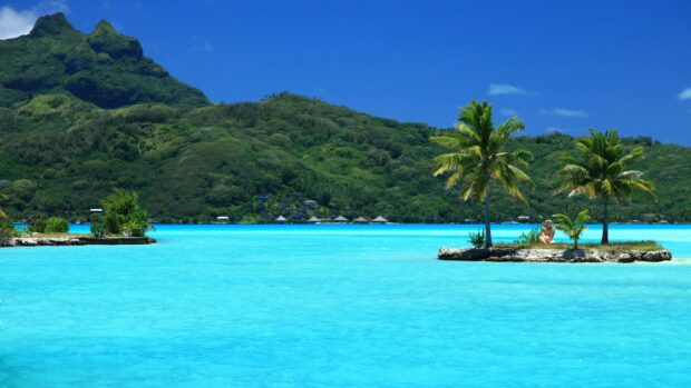 A small island with palm trees in the turquoise waters of Tahiti surrounded by lush green mountains