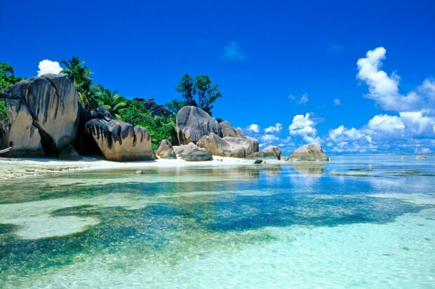Clear Tahiti water with large rocks and tropical trees under a bright blue sky