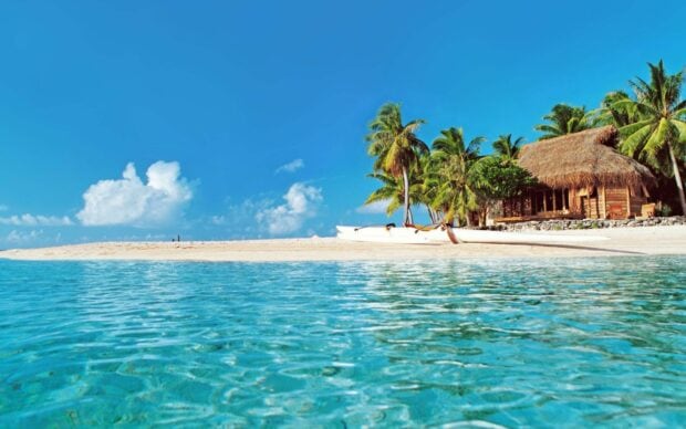 Crystal clear water with palm trees and a thatched hut on a Tahiti island beach