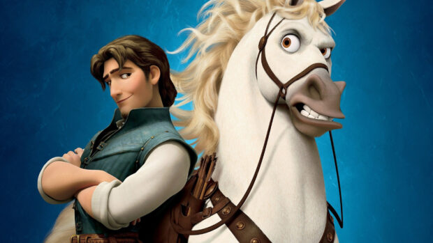 A confident Tangled character standing next to a white horse with flowing mane