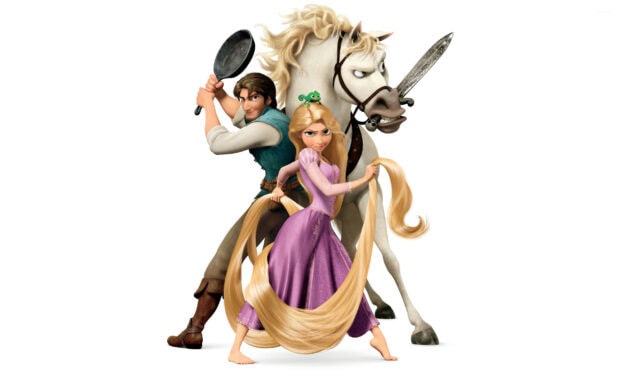Rapunzel and Flynn Rider from Tangled standing back to back with Maximus the horse and Pascal the chameleon