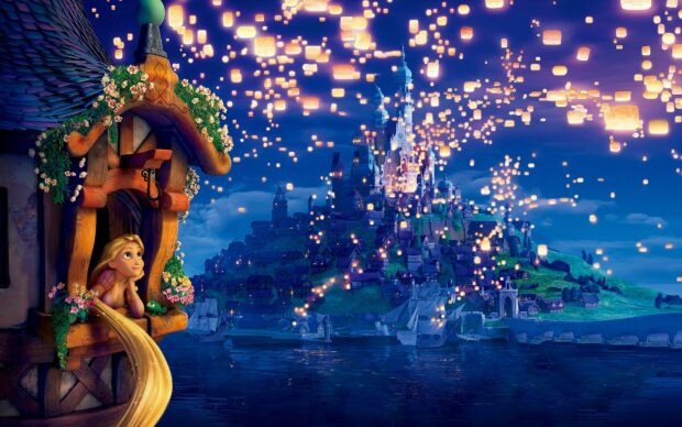 Rapunzel dreaming by the tower with long hair and floating lanterns over the kingdom at night