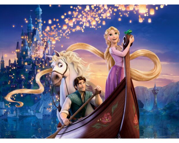 Rapunzel with long hair and a man in a boat near a horse and lanterns over a kingdom at sunset