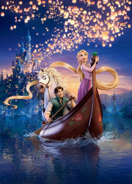 Tangled characters enjoying a boat ride with floating lanterns in the sky at sunset
