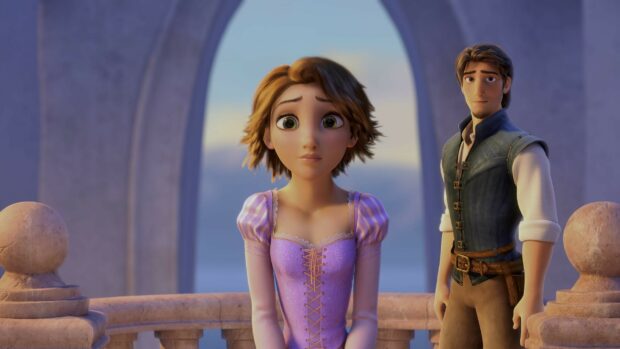 The heroine with short hair stands with a concerned expression beside a man on a stone balcony