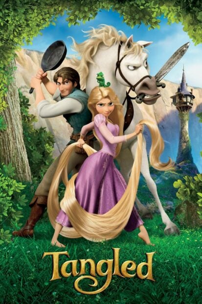 Rapunzel holding her long hair with Flynn Rider and horse in a forest scene from Tangled