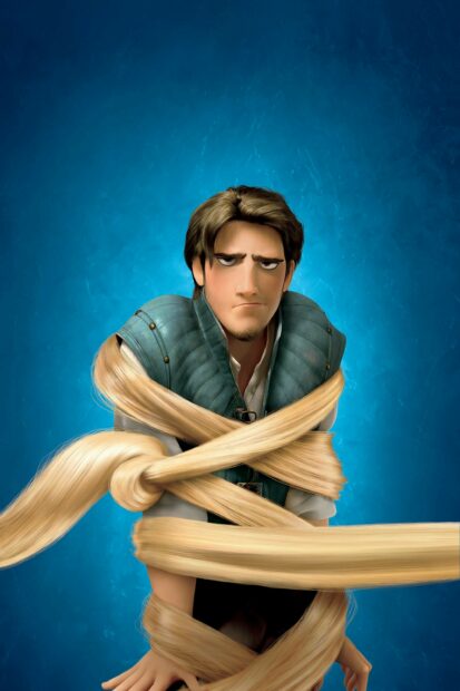 Flynn Rider tangled in long blonde hair from Tangled movie