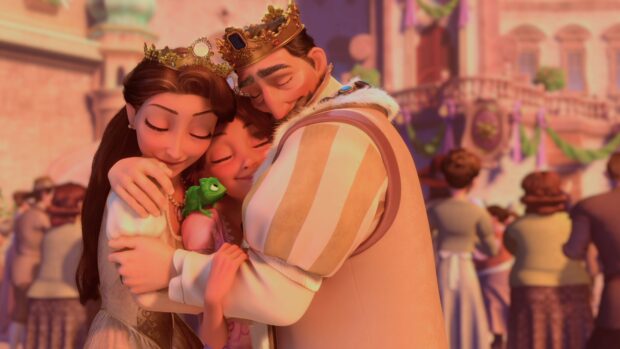 A loving family hug with a chameleon from tangled princess scene