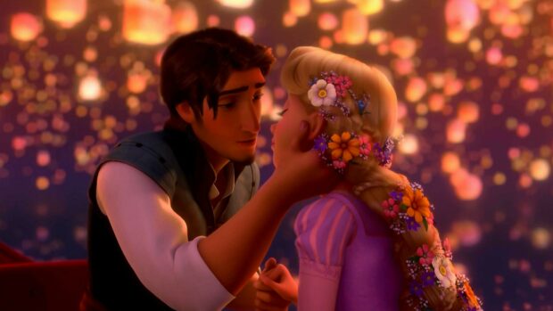 Flynn Rider gently holding Rapunzel during a lantern festival in Tangled