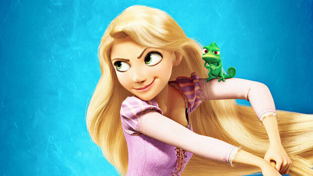 Rapunzel from Tangled with Pascal on her arm against a blue background