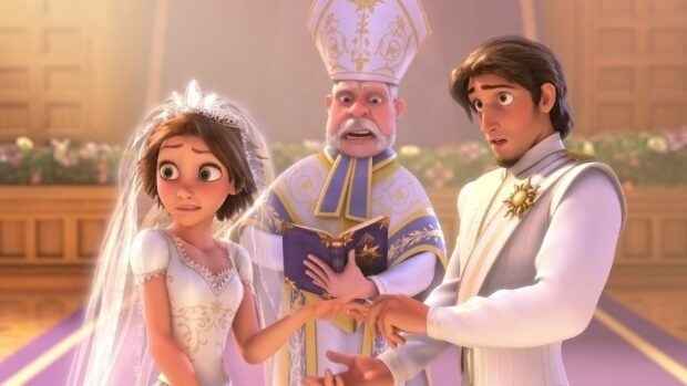 Bride and groom nervously exchanging rings during church ceremony in Tangled