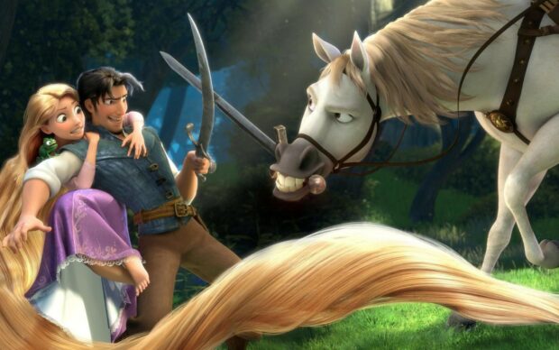 Rapunzel and Flynn Rider facing a white horse in a forest scene from Tangled