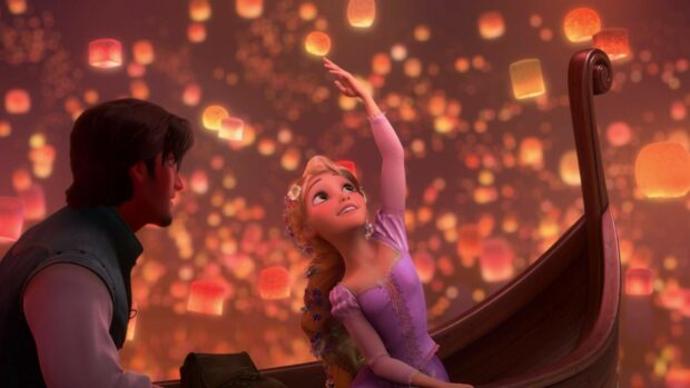 Rapunzel reaching out surrounded by lanterns in a romantic scene from Tangled