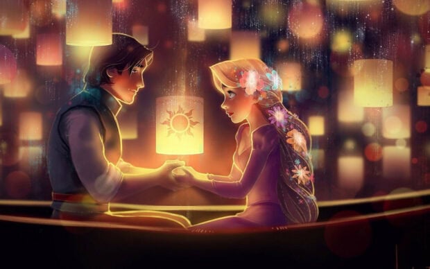A romantic scene from Tangled with two characters holding hands surrounded by glowing lanterns