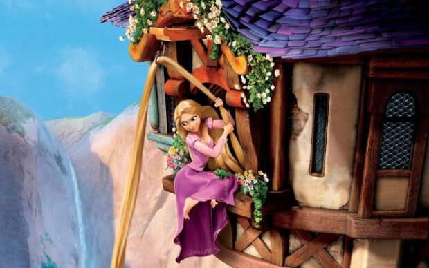 Rapunzel with long golden hair sitting on a wooden balcony near mountains and flowers