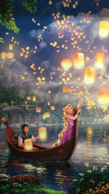 Rapunzel and Flynn release floating lanterns during the festival in Tangled