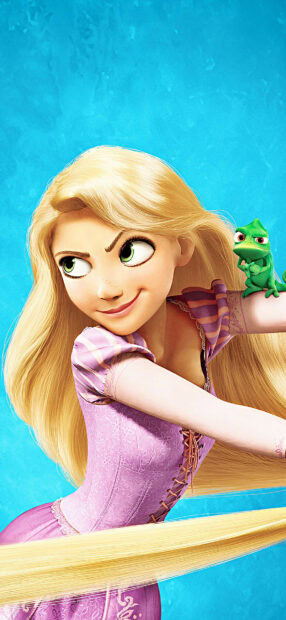 Rapunzel character from Tangled with a small green chameleon on her arm