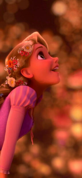 A young woman from Tangled with flowers in her hair looking upwards in a dreamy scene