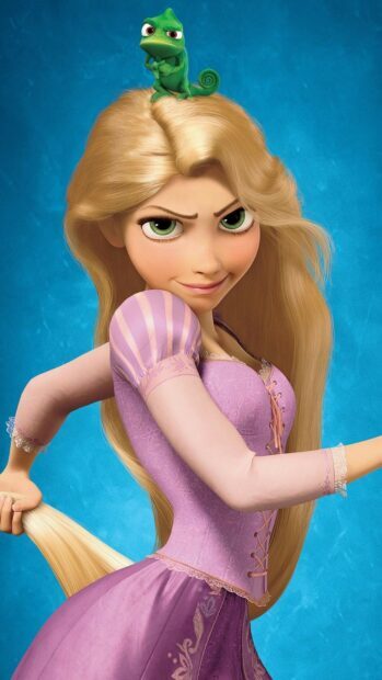 Rapunzel from Tangled holding her hair with Pascal the chameleon on her head