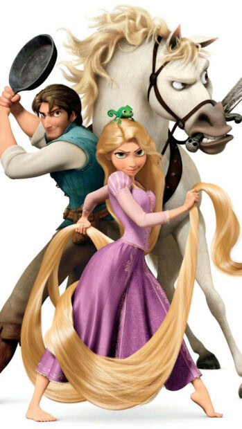 Rapunzel holding her long hair with Pascal and Flynn Rider standing beside a determined horse in Tangled
