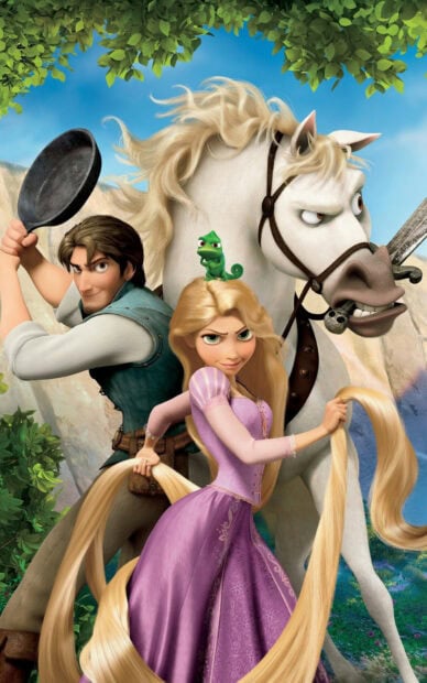 Rapunzel with long hair and chameleon on her shoulder standing with horse and man