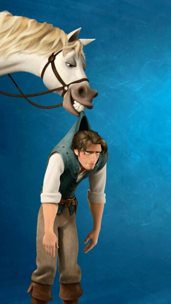 Flynn Rider looking tired with Maximus the horse pulling his hood in Tangled