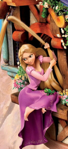 Rapunzel from Tangled pulling her long hair near a wooden structure with a small chameleon sitting on her dress