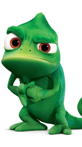 A close up of Pascal the chameleon from Tangled with a worried expression