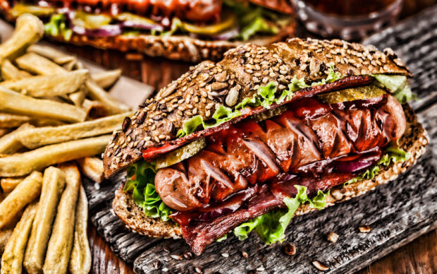 A grilled sausage sandwich with lettuce, pickles, and fries on the side, 2K Desktop Wallpaper