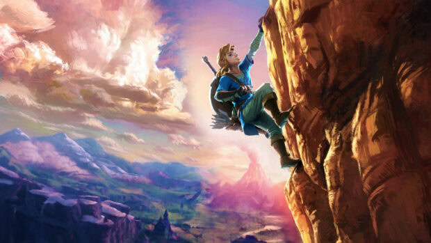 Link climbs a cliff in this The Legend Of Zelda wallpapers scene, 4K Desktop Wallpaper
