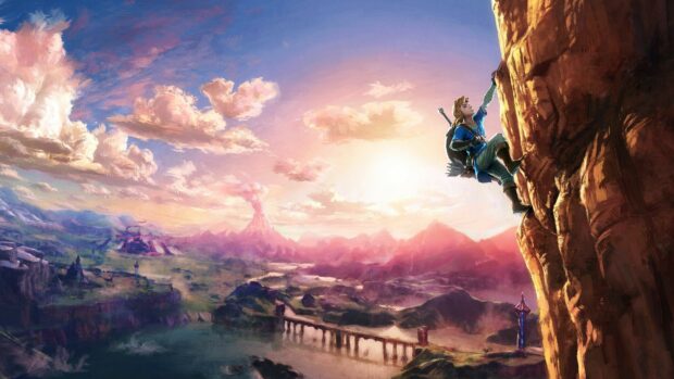 Link climbing a cliff in The Legend Of Zelda Wallpapers sunset, 4K Desktop Wallpaper