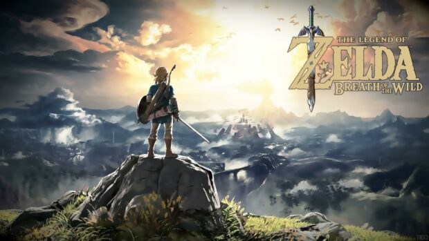 A character from The Legend Of Zelda stands on a rock overlooking a vast landscape at sunrise, 4K Desktop Wallpaper