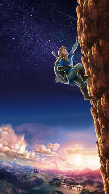Link climbs a cliff under a starry sky in The Legend Of Zelda wallpapers, 2K Phone Wallpaper