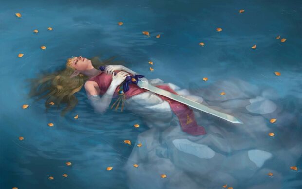 A character from The Legend Of Zelda lies on water holding a sword with floating leaves, HD Desktop Wallpaper