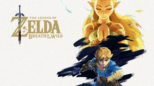 The Legend of Zelda features Link and Zelda with artistic brush strokes, 2K Desktop Wallpaper