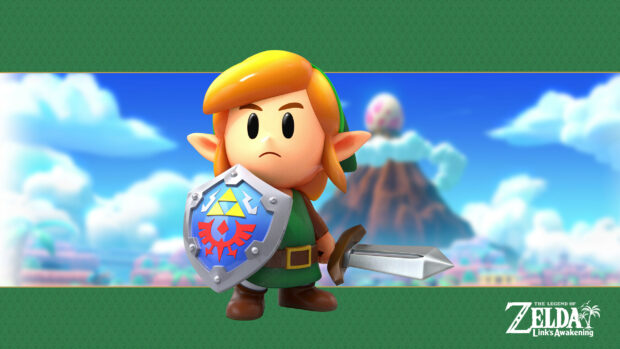 The Legend of Zelda shows hero Link with sword and shield standing ready, 2K Desktop Wallpaper