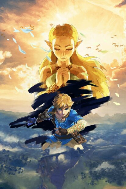 The Legend Of Zelda wallpapers showing a determined hero with a praying figure in the background, 2K Mobile Wallpaper