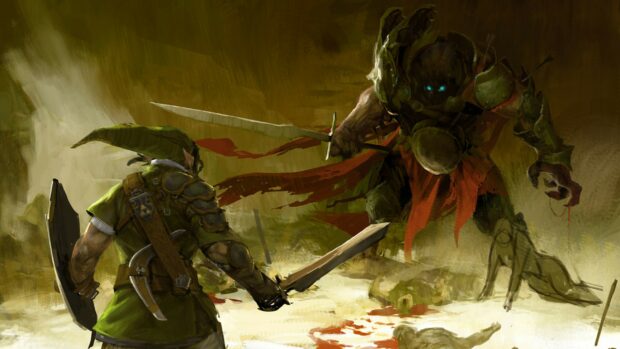A warrior faces a dark armored monster in a fierce battle from The Legend Of Zelda, 4K Desktop Wallpaper