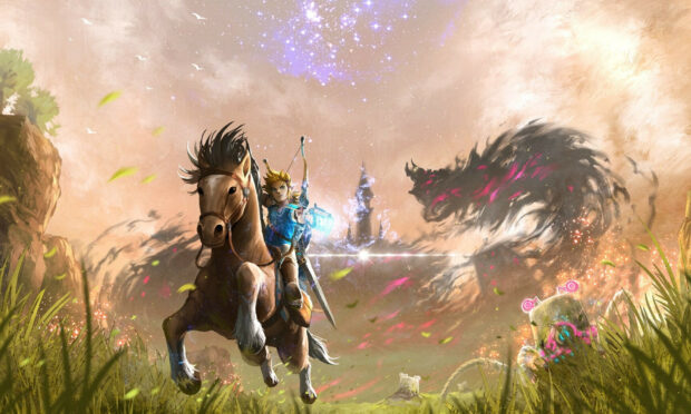Link rides a horse aiming a bow at a shadow creature threatening a mystical land, HD Desktop Wallpaper