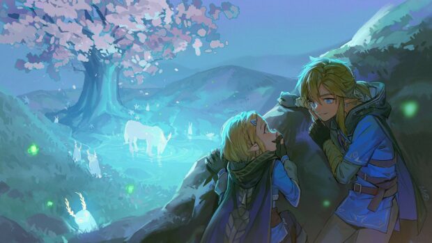 Characters from The Legend Of Zelda share a moment near a glowing tree in a serene forest, HD Desktop Wallpaper