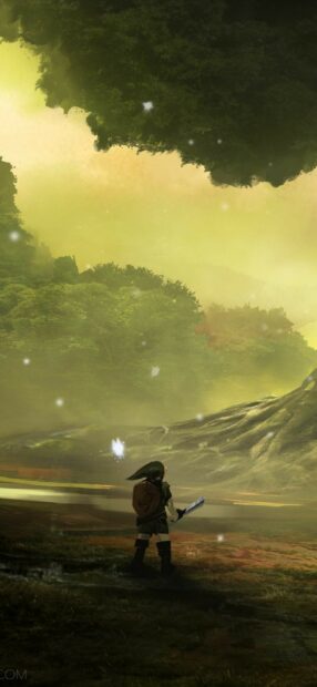 A character from The Legend of Zelda stands in a glowing mystical forest holding a sword, 2K Phone Wallpaper